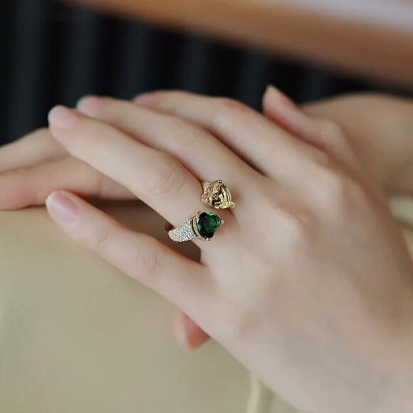 NWT Cocktail Heart Ring 18K Gold Plated Green Yellow CZ Open Adjustable Glam - Picture 5 of 7